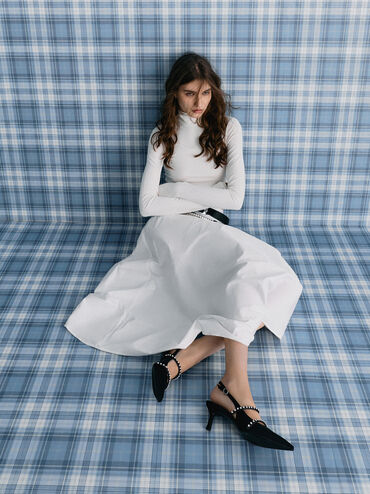 Satin Crystal-Embellished Mary Jane Pumps, Black Textured, hi-res