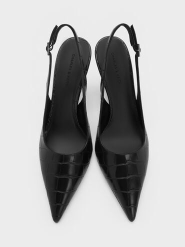 Croc-Effect Pointed-Toe Slingback Pumps, Animal Print Black, hi-res