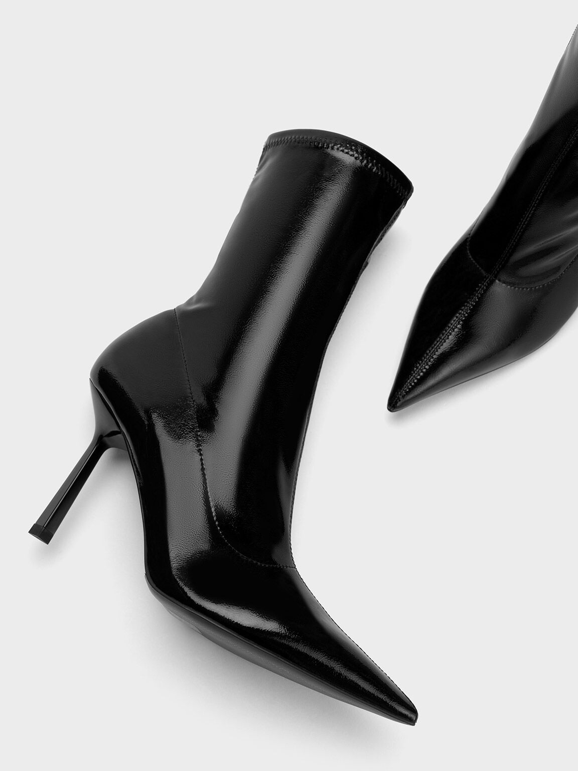 Black Patent Crinkle Effect Pointed Toe Stiletto Heel Ankle Boots CHARLES KEITH TH