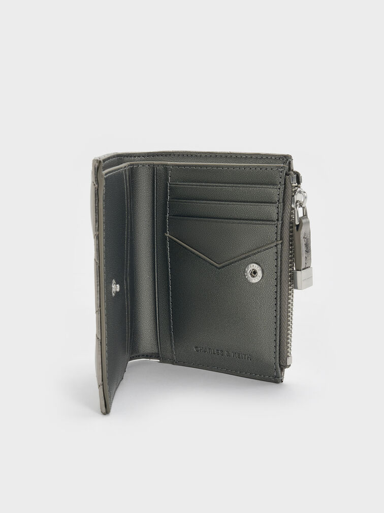 กระเป๋าสตางค์ขนาดเล็กดีไซน์ลายควิลท์เมทัลลิคตกแต่งซิปด้านบนรุ่น Alva, สีพิวเตอร์, hi-res