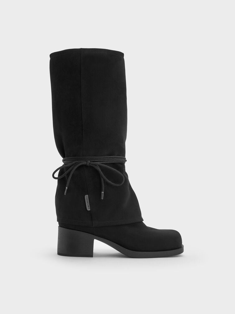 Faux Suede Tie-Around Knee-High Boots, Black Textured, hi-res