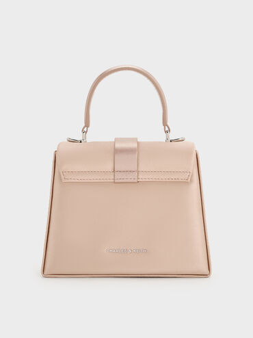 Satin Crystal-Buckle Belted Top Handle Bag, Sunset Nude, hi-res