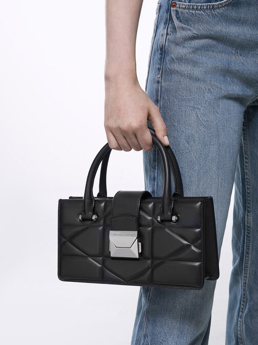 Blanche Quilted Top Handle Bag, สีดำอะไหล่สีเงิน, hi-res