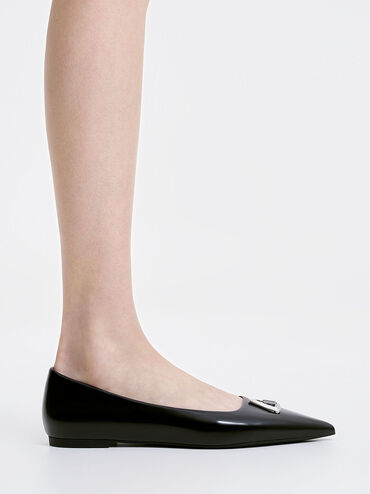 Trice Metallic Accent Pointed-Toe Flats, หนังเงาสีดำ, hi-res