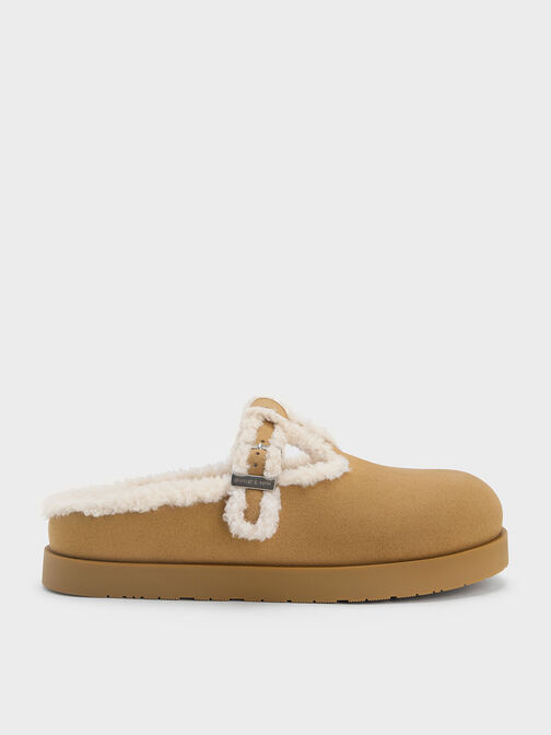 Textured Fur-Trim Buckled Mules, , hi-res
