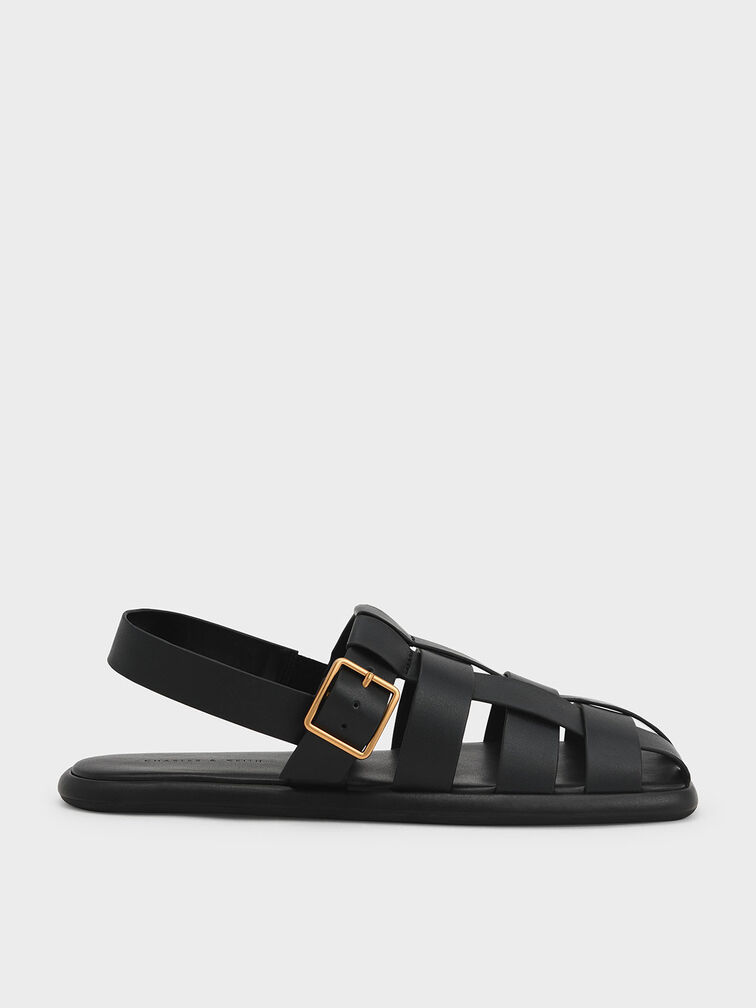 Metallic Buckle Caged Slingback Sandals, Black, hi-res