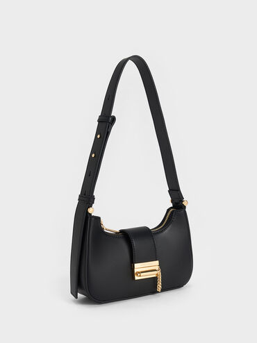 Metallic Accent Belted Bag, Black, hi-res