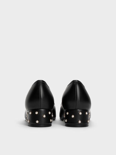 รองเท้าปิดส้นทรงบัลเล่ต์ตกแต่งโบว์ประดับมุกรุ่น Barbara, สีดำ, hi-res