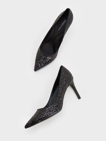 Emmy Glittered Pointed-Toe Pumps, Black Textured, hi-res