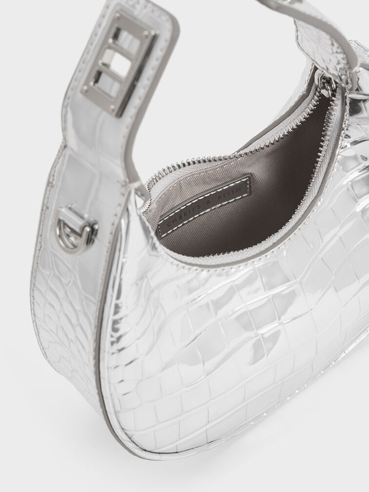 Mini Croc-Effect Metallic Moon Bag, สีเงิน, hi-res