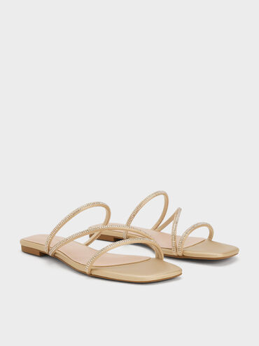 Satin Crystal-Embellished Strappy Sandals, Gold, hi-res