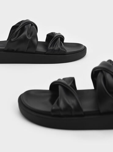 Twist Strap Padded Slide Sandals, สีดำ, hi-res