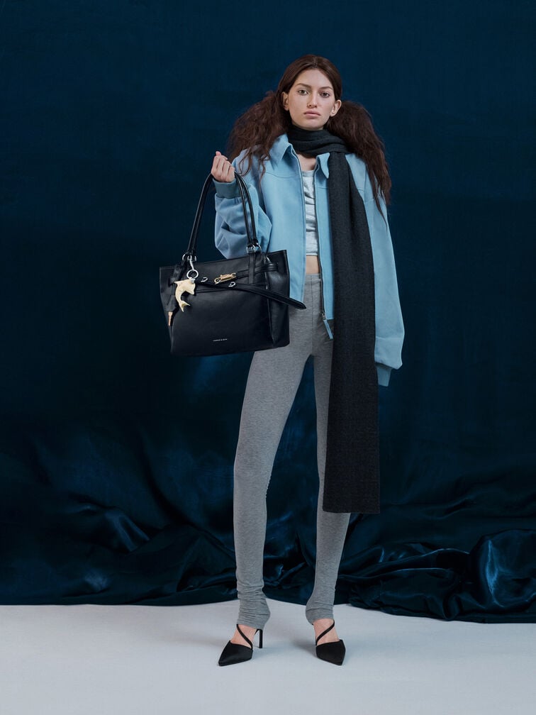 กระเป๋าโท้ทรุ่น Delfina, สีดำอะไหล่สีเงิน, hi-res