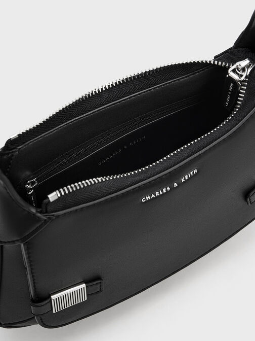 Metallic-Accent Curved Shoulder Bag, สีดำ, hi-res