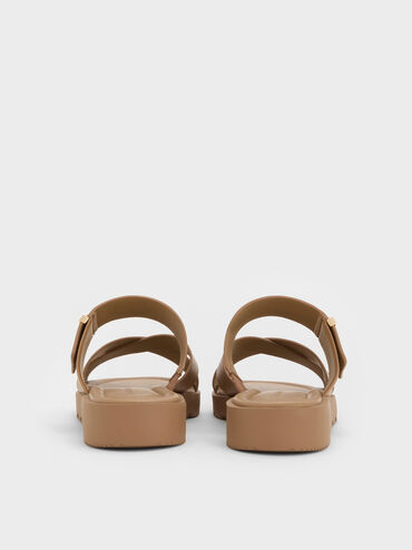Metallic-Accent Crossover-Strap Slide Sandals, Taupe, hi-res