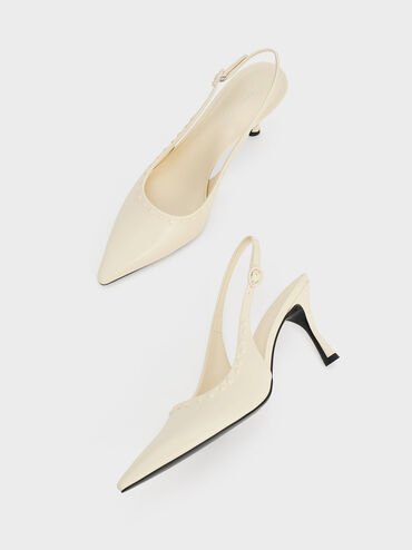 Studded Pointed-Toe Slingback Pumps, สีชอล์ค, hi-res