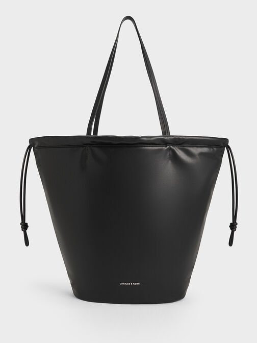 กระเป๋าโท้ทดีไซน์จับจีบย่นที่ปิดแบบเชือกรูดรุ่น Sianna, สีดำ, hi-res