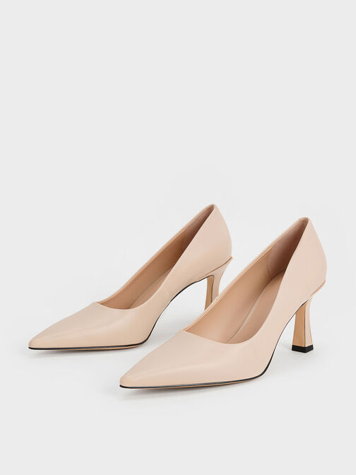 Flare Heel Pointed-Toe Pumps, สีนู้ด, hi-res