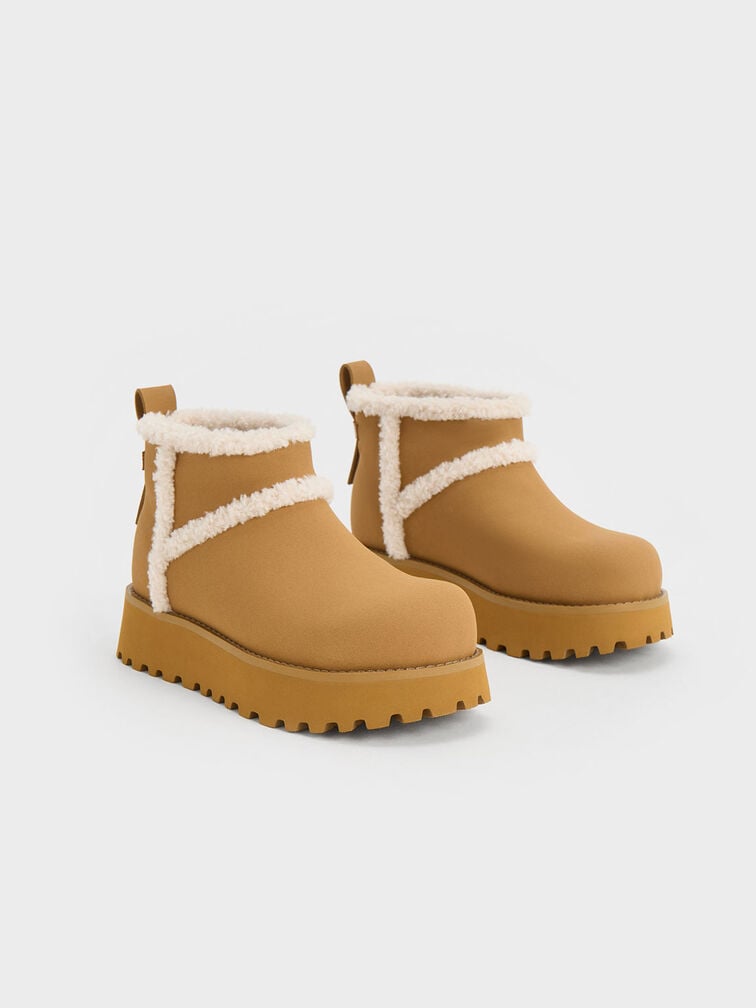 Textured Fur-Trim Flatform Ankle Boots, สีกากี, hi-res