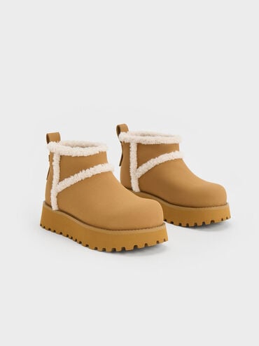 Textured Fur-Trim Flatform Ankle Boots, สีกากี, hi-res