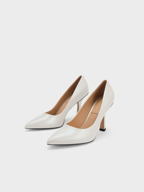 Leather Flare Heel Pumps, สีขาว, hi-res