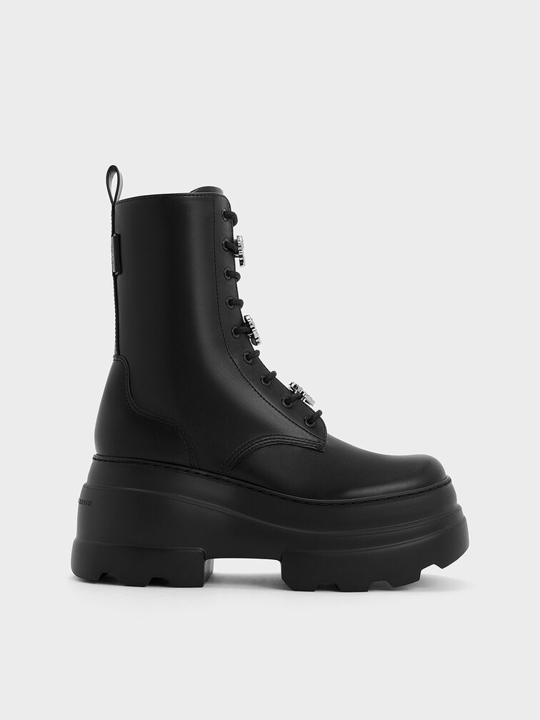Heart-Embellished Lace-Up Platform Boots, Black, hi-res