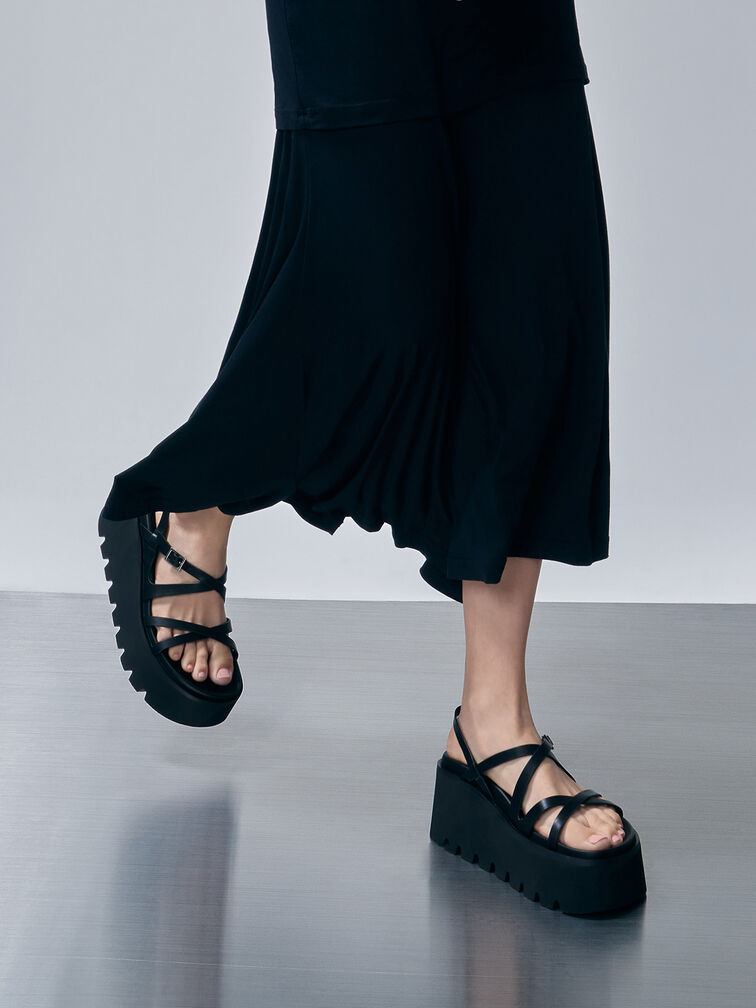 Strappy Crossover Flatform Sandals, Black, hi-res
