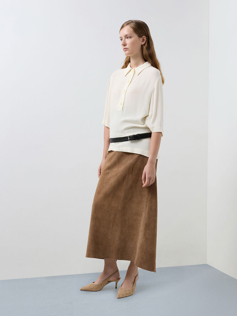 รองเท้ารัดส้นวัสดุหนังกลับสังเคราะห์หัวรองเท้าแบบแหลมดีไซน์แบบสานรุ่น Ivette, สีแซนด์, hi-res