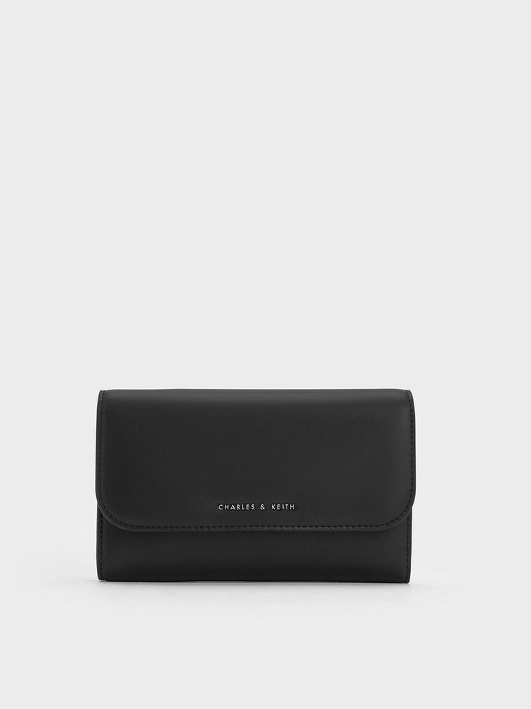กระเป๋าสตางค์ใบยาวดีไซน์ที่ปิดด้านหน้าแบบแม่เหล็กรุ่น Octovia, สีดำอะไหล่สีเงิน, hi-res