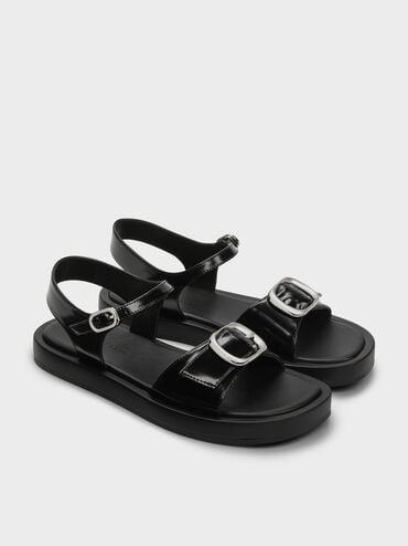 Buckled Slingback Sandals, Black Boxed, hi-res