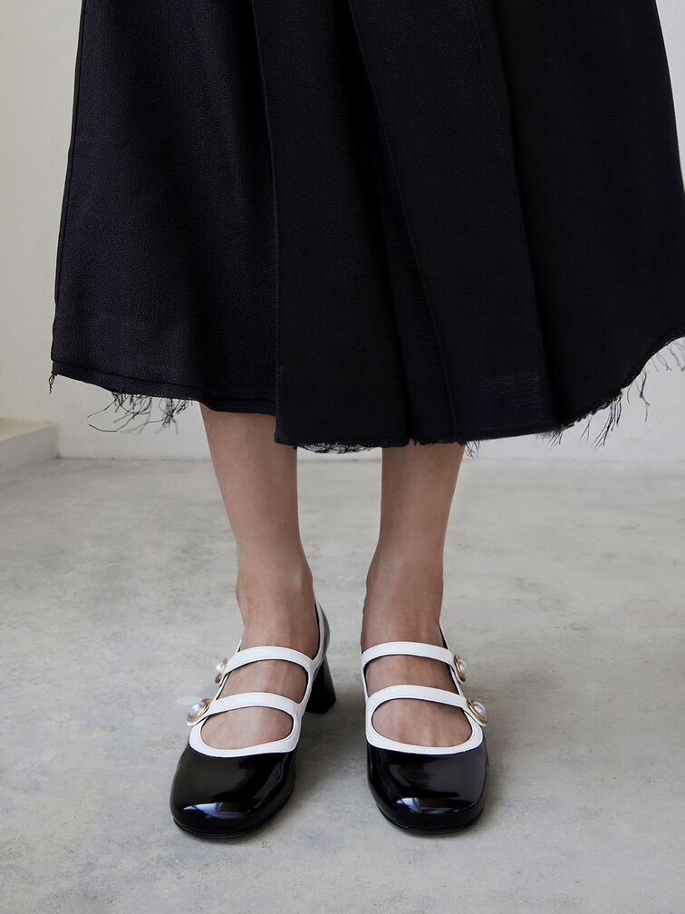 Pearl-Buckle Two-Tone Mary Jane Pumps, Black Boxed, hi-res