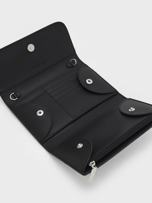 กระเป๋าสตางค์ใบยาวดีไซน์ที่ปิดด้านหน้าแบบแม่เหล็ก, สีดำอะไหล่สีเงิน, hi-res