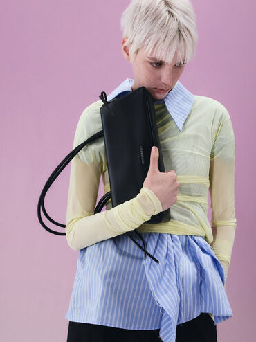 Hazel Bow Elongated Trapeze Shoulder Bag, Noir, hi-res
