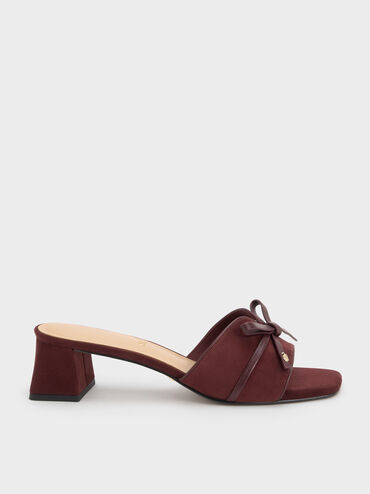 Leather & Suede Bow Heeled Mules, Burgundy, hi-res