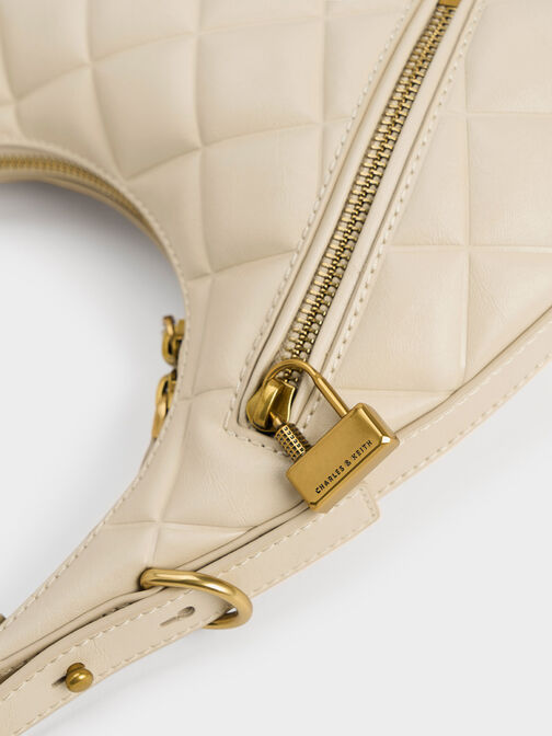 Swing Padlock Quilted Crescent Bag, สีเบจ, hi-res