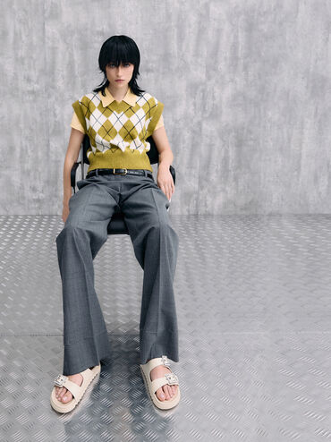 รองเท้าแตะดีไซน์สายคาดแบบคู่พร้อมหัวเข็มขัดประดับเพชร, สีชอล์ค, hi-res