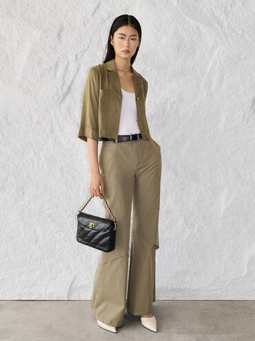 กระเป๋าสะพายไหล่ลายเส้นดีไซน์ที่ปิดด้านหน้ารุ่น Fawn, สีดำ, hi-res