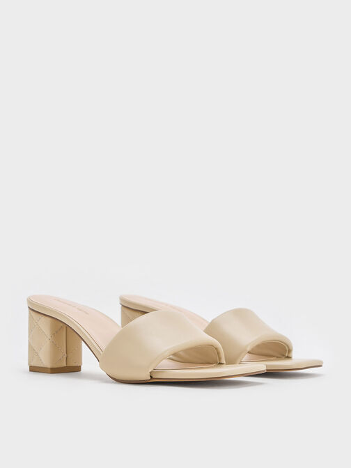 Puffy-Strap Quilted-Heel Mules, Taupe, hi-res