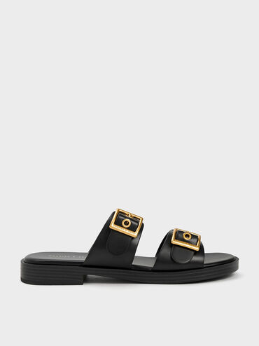 Buckled Double Strap Slide Sandals, Black, hi-res