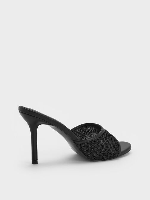 Mesh Stiletto-Heel Mules, Black Textured, hi-res