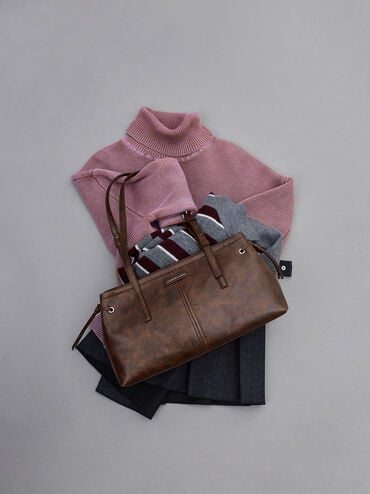 Noane Elongated-Handle Shoulder Bag, Distressed Coffee, hi-res