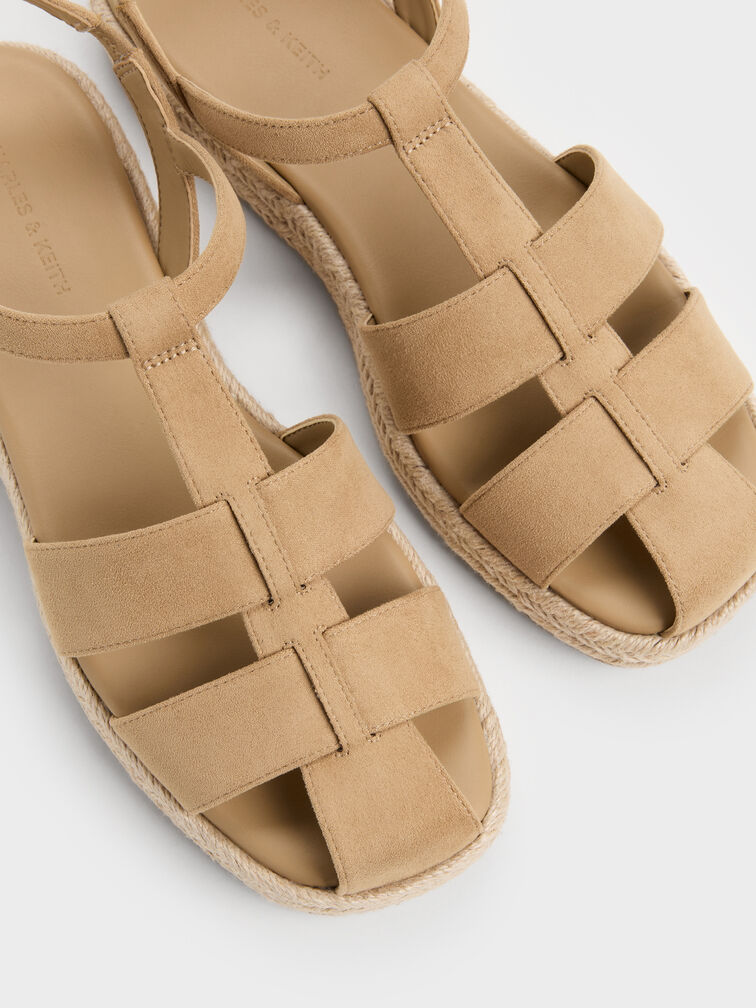 Faux Suede Caged Flatform Espadrille Sandals, Sand, hi-res