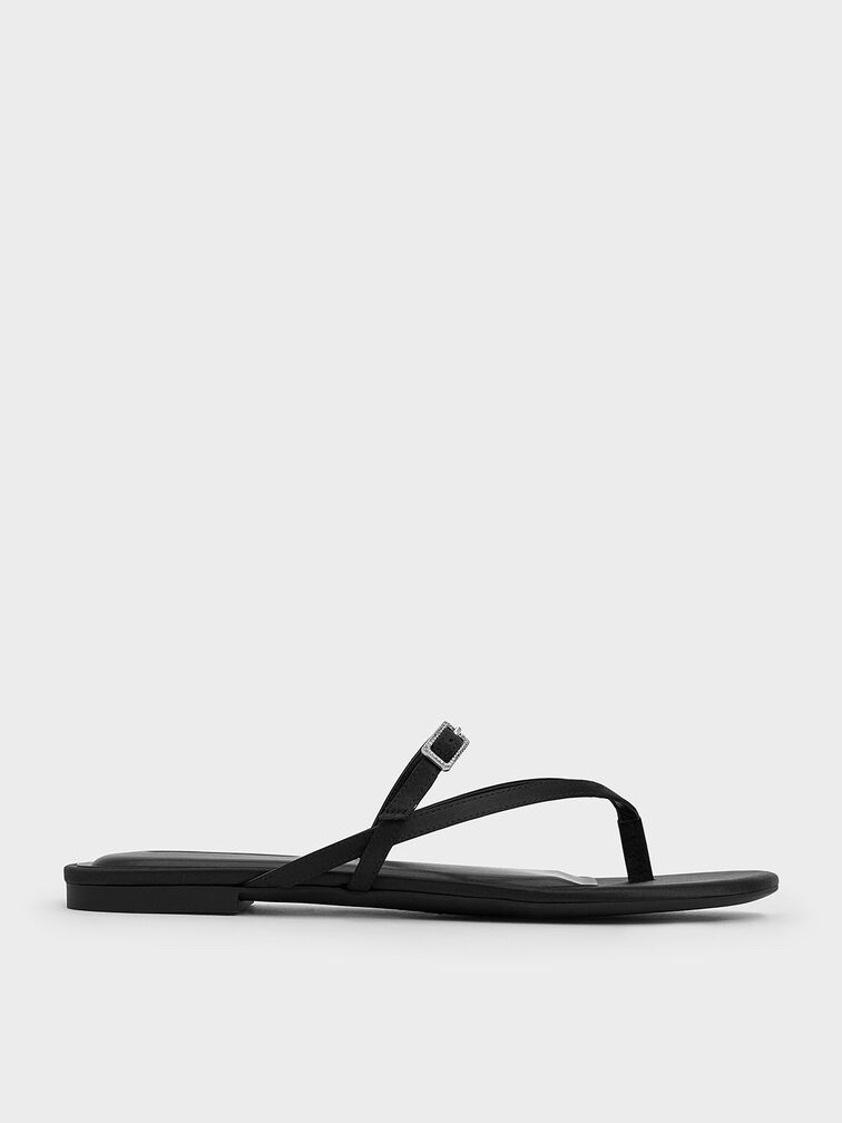 Satin Crystal-Buckle Strappy Thong Sandals, Black Textured, hi-res