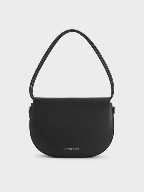 กระเป๋าถือทรงโค้งรุ่น Elora, สีดำอะไหล่สีเงิน, hi-res