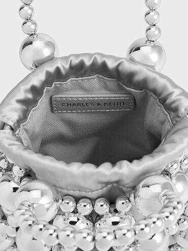 Metallic Beaded Top Handle Bag, Silver, hi-res