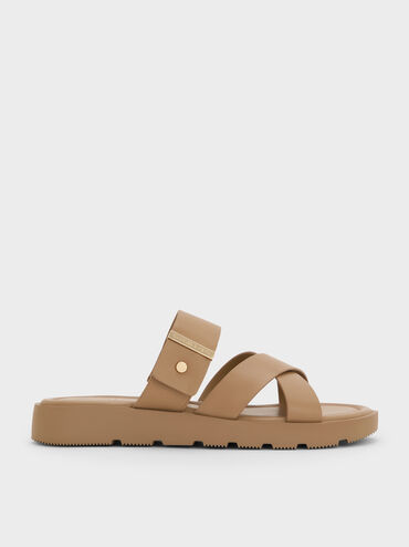Metallic-Accent Crossover-Strap Slide Sandals, Taupe, hi-res