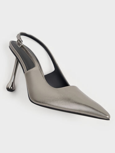 Metallic Sculptural-Heel Pointed-Toe Pumps, Pewter, hi-res