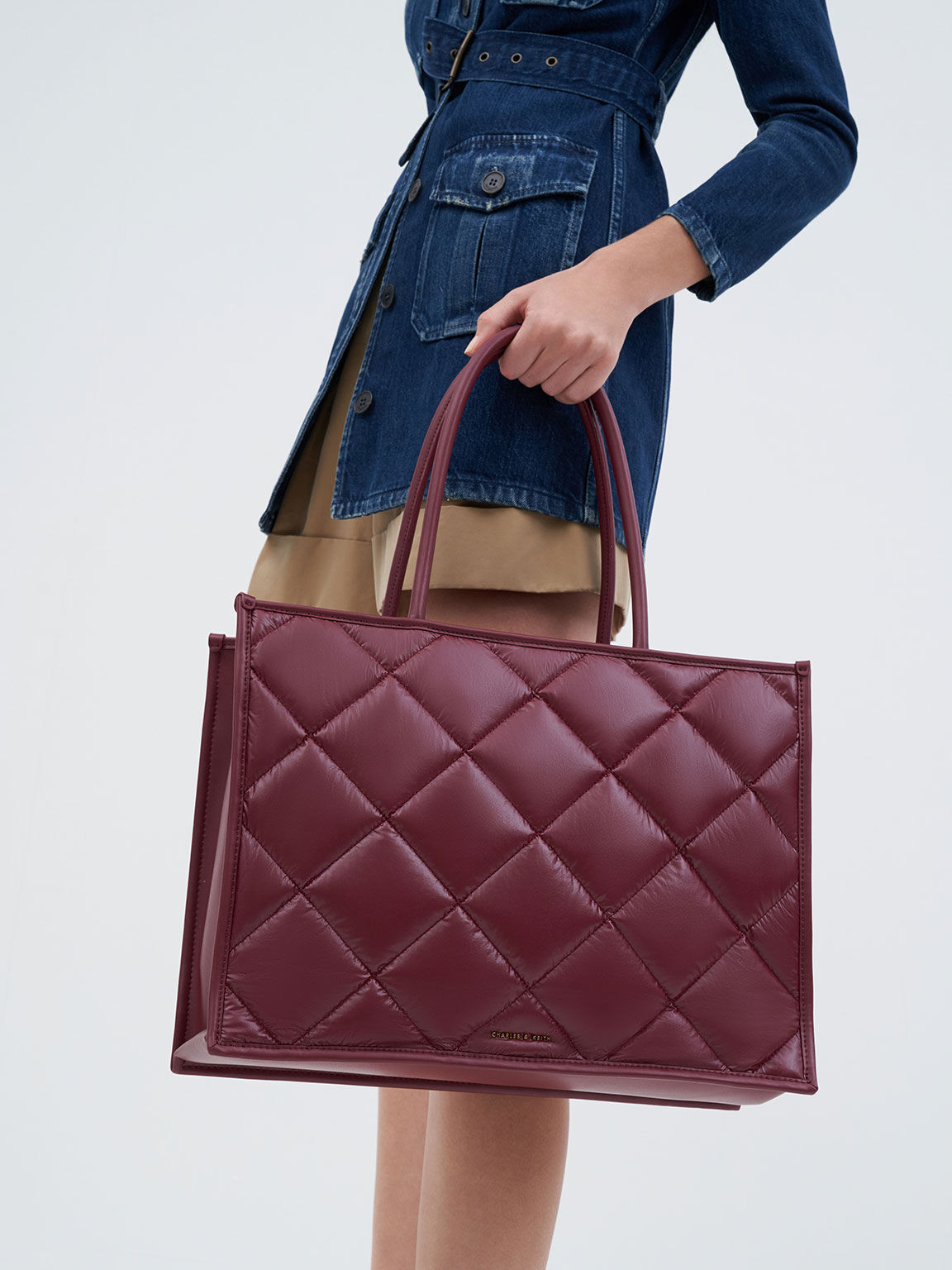 Celia Double Handle Quilted Tote Bag, Burgundy, hi-res
