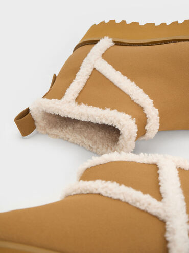 Textured Fur-Trim Flatform Ankle Boots, สีกากี, hi-res