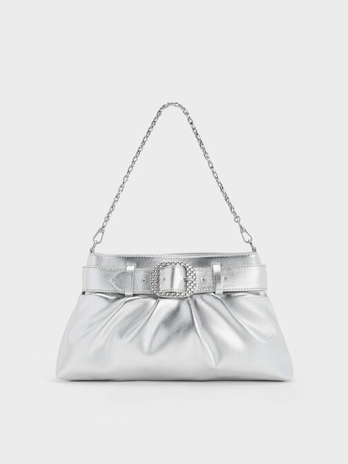Avis Metallic Belted Ruched Shoulder Bag, สีเงิน, hi-res